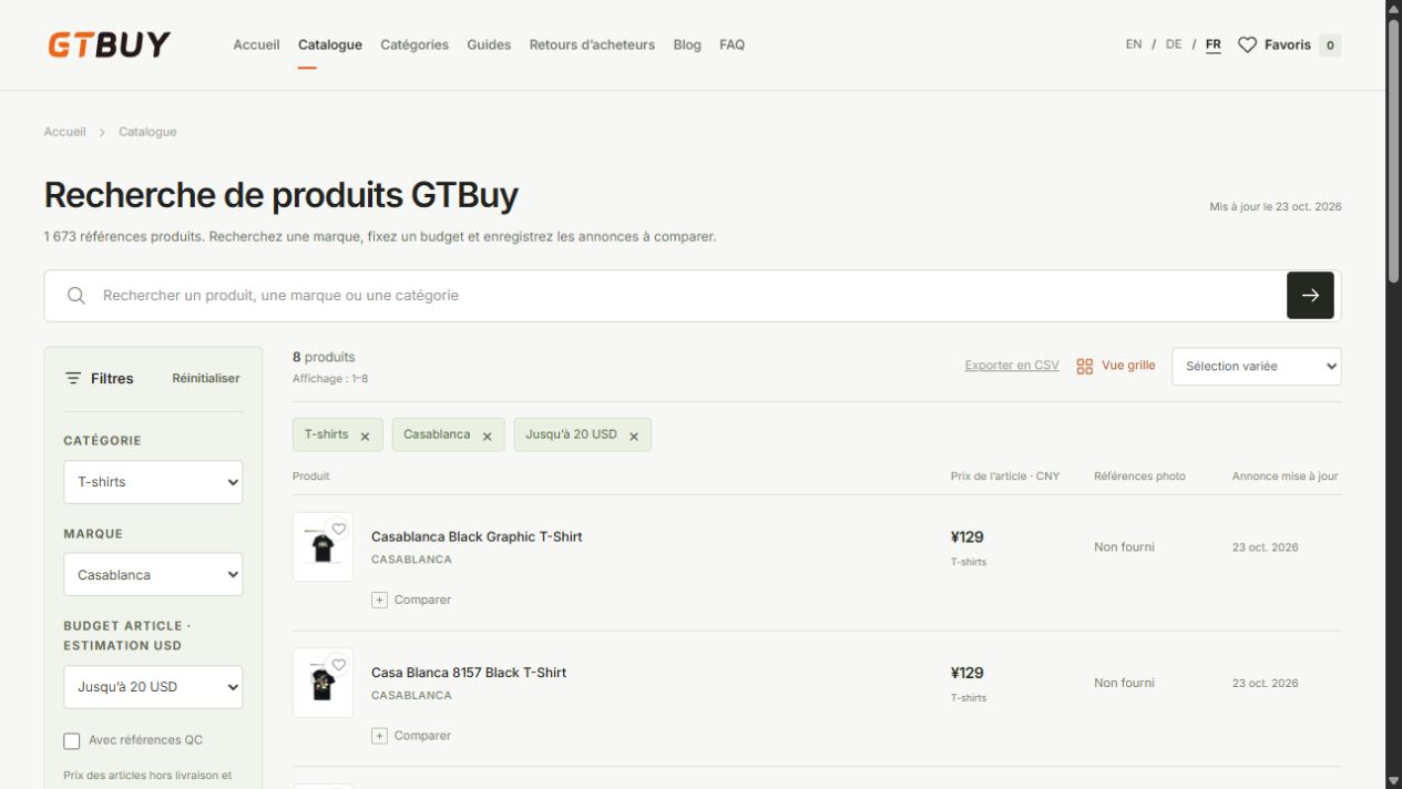 Vue Liste compacte et commande Exporter en CSV dans le catalogue filtré