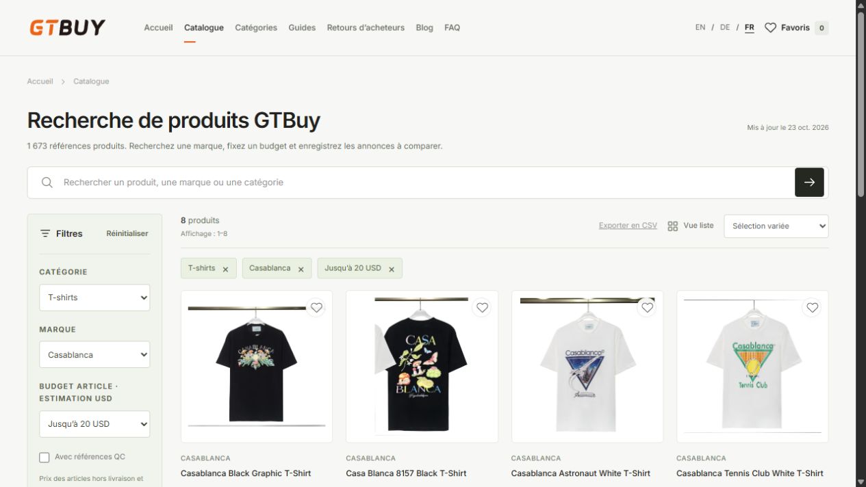 T-shirts avec une marque source et un budget sélectionnés dans le GTBuy spreadsheet